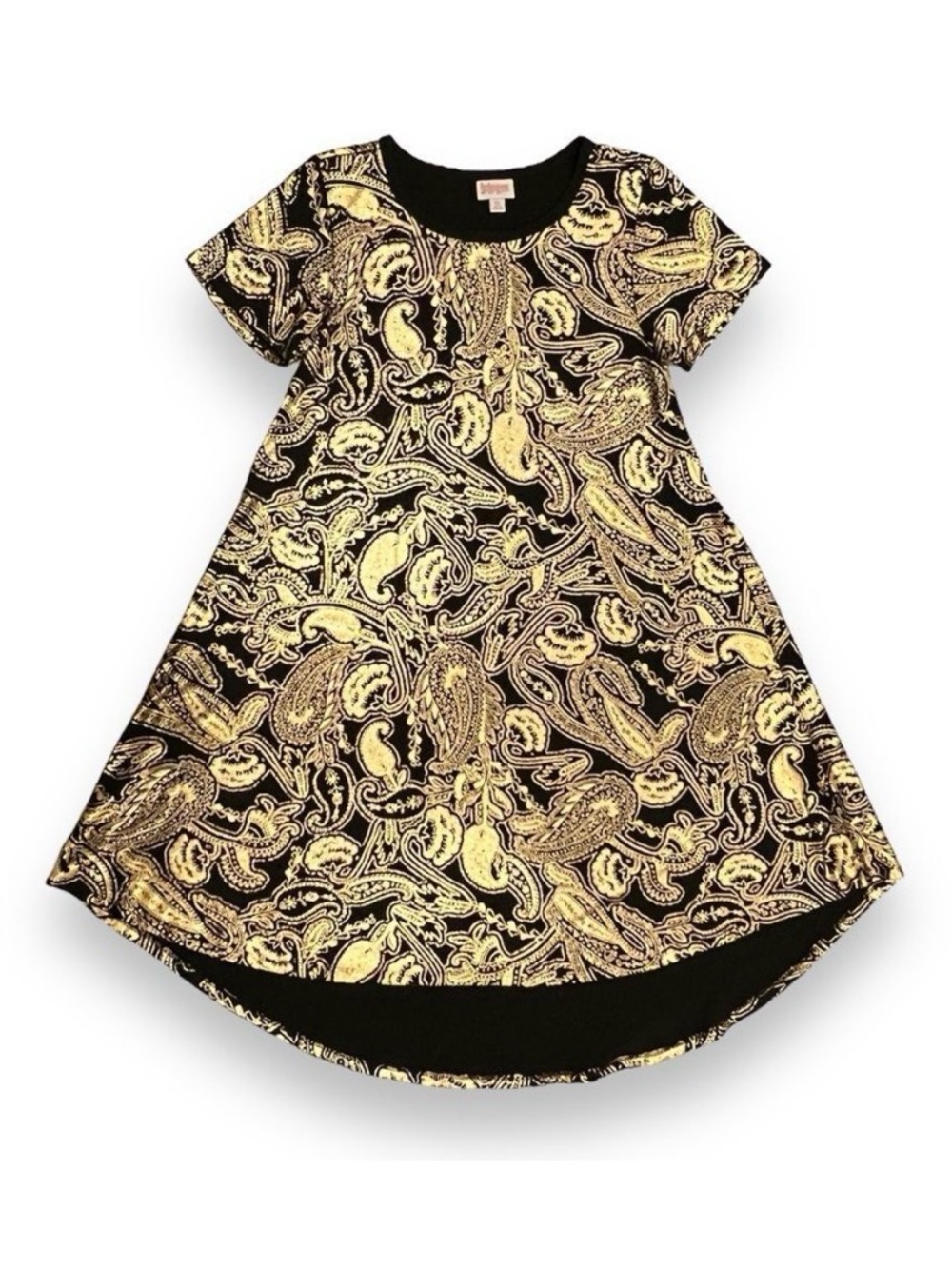 LuLaRoe Carly Gold Paisley Black Elegant High Low Dress Size XS